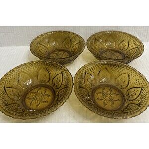 VINTAGE AMBER GLASS BOWLS HEARTS FLOWERS PASARI INDONESIA 7” Lot Of 4